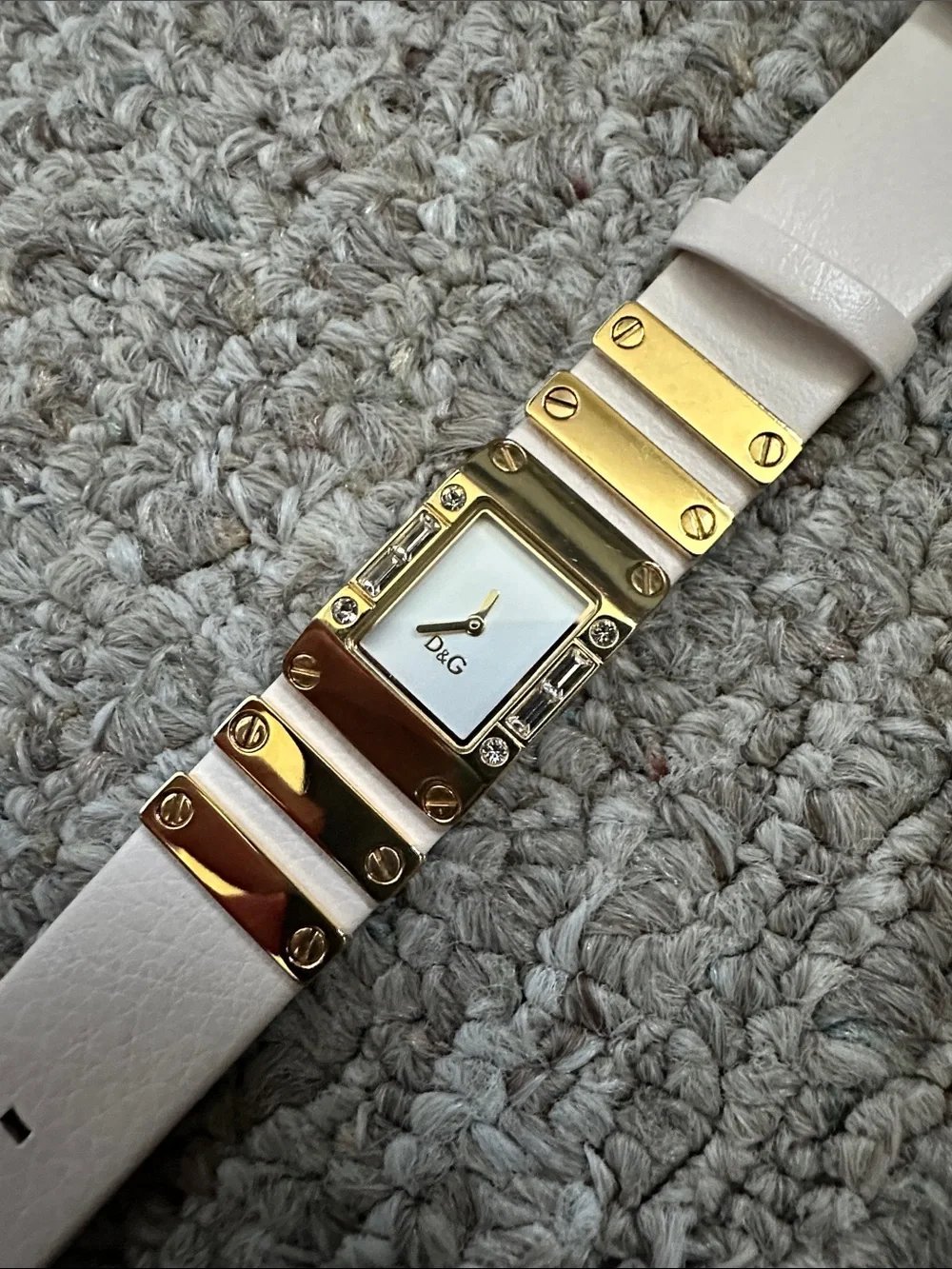 D&G Light Pink and Gold Leather Bracelet Watch with Crystal Accents